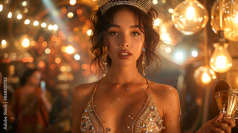 Attractive Woman in White Dress Posing at Night with Lights Attractive Woman in White Dress Posing at Night with Lights