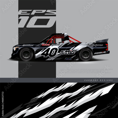 Racing pickup truck wrap design vector. Graphic abstract stripe racing grunge background kit designs for wrap vehicle, race car, rally, adventure and livery