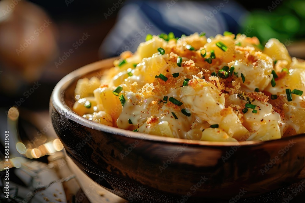 A delicious bowl of creamy macaroni and cheese, garnished with fresh chives and crunchy breadcrumbs, served in a rustic wooden bowl. A delicious bowl of creamy macaroni and cheese, garnished with fresh chives and crunchy breadcrumbs, served in a rustic wooden bowl.