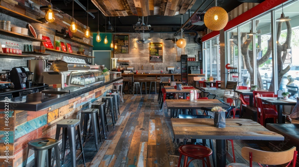 chic urban caf?(C) with reclaimed wood tables and a vibrant, trendy atmosphere chic urban caf?(C) with reclaimed wood tables and a vibrant, trendy atmosphere