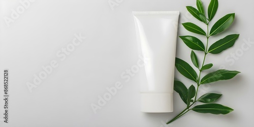 Unbranded white skincare tube with green plant on modern minimalist background. Concept Product Photography, Skincare Packaging, White Tube, Green Plant, Minimalist Background photo