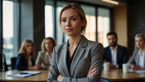 Woman, business and diversity in boardroom for meeting or presentation, manager or leader with collaboration. Female person and colleagues