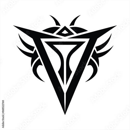 abstract tribal triangle tattoo vector design with angular shapes curved elements isolated on white background