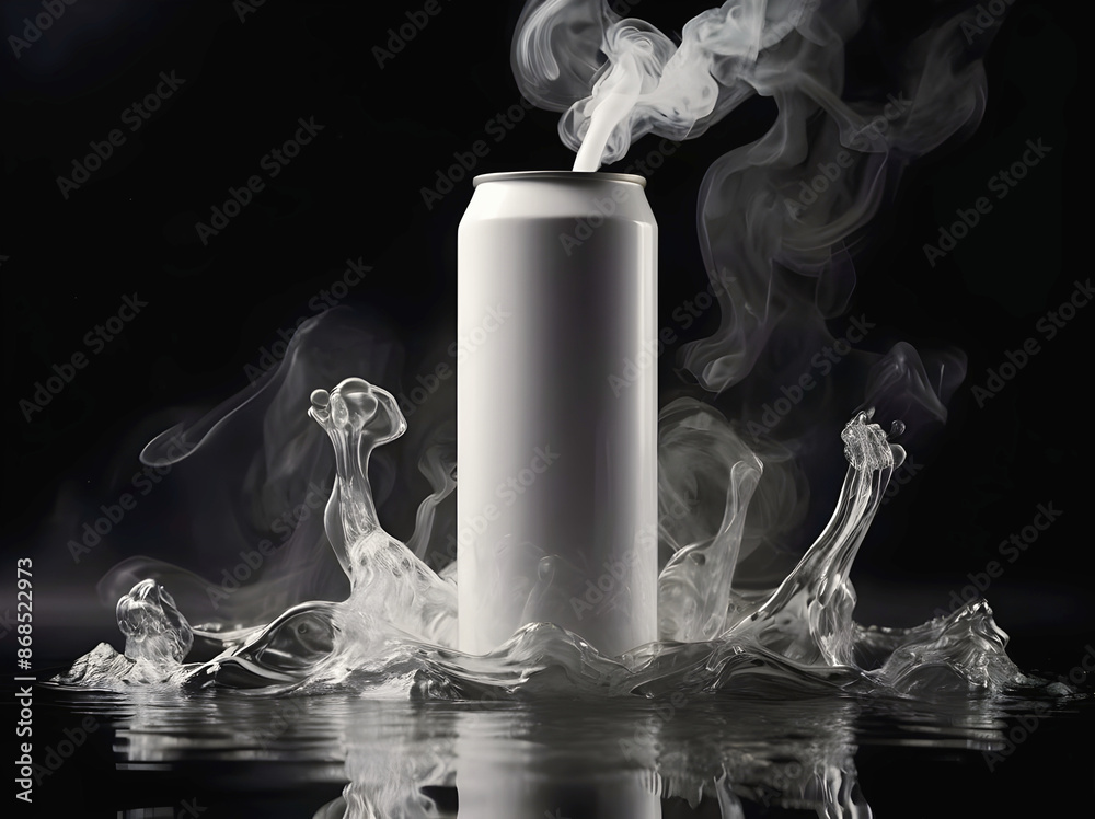 water splashing on top of blank white soda can reflected in water, smoke, product background, mock up, aesthetic, drinks and beverage, refreshing