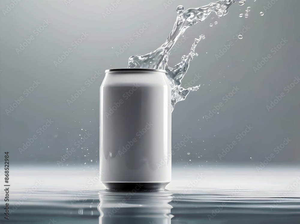 water splashing on top of blank white soda can reflected in water, smoke, product background, mock up, aesthetic, drinks and beverage, refreshing