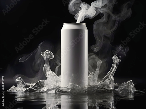 Obraz na płótnie water splashing on top of blank white soda can reflected in water, smoke, product background, mock up, aesthetic, drinks and beverage, refreshing w salonie
