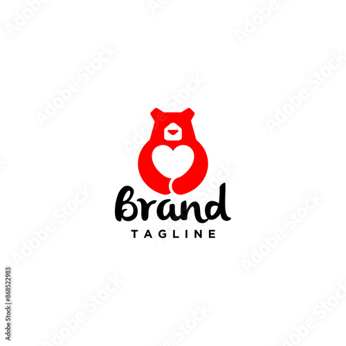 Cute Bear Hugging Heart Logo Design. Stiff Bear Facing Forward Carrying Heart Logo Design.