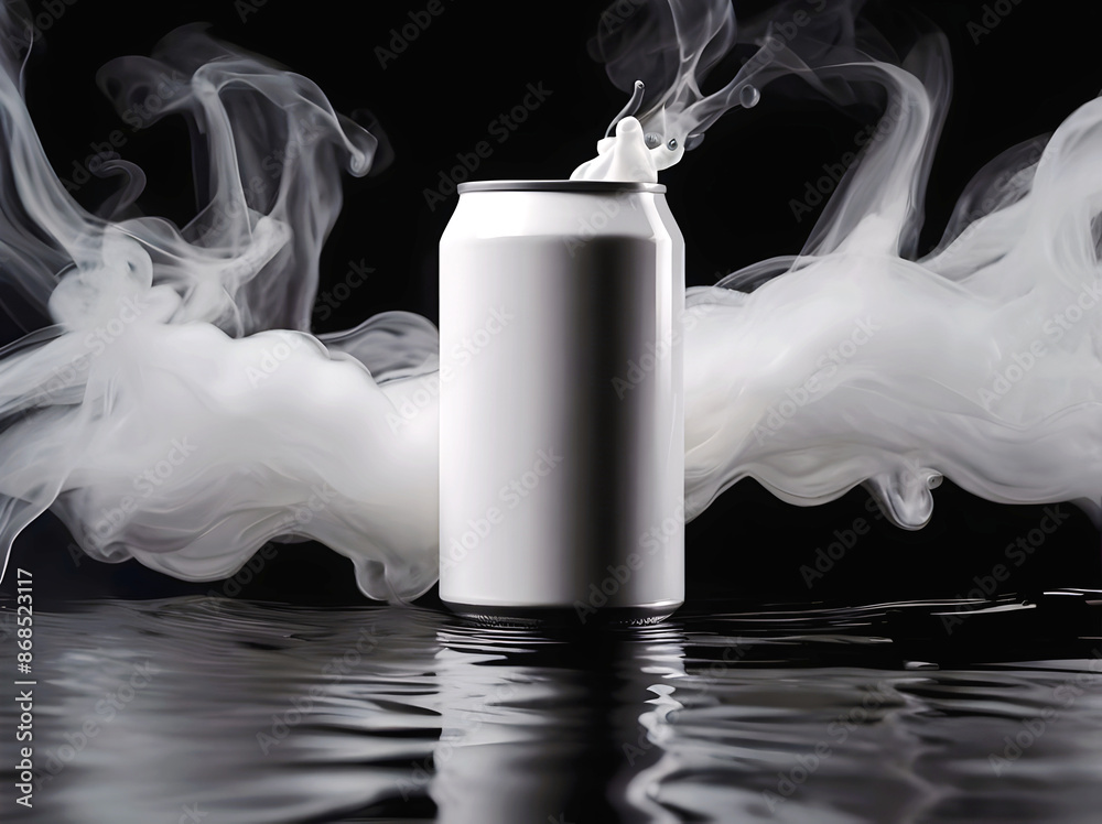water splashing on top of blank white soda can reflected in water, smoke, product background, mock up, aesthetic, drinks and beverage, refreshing