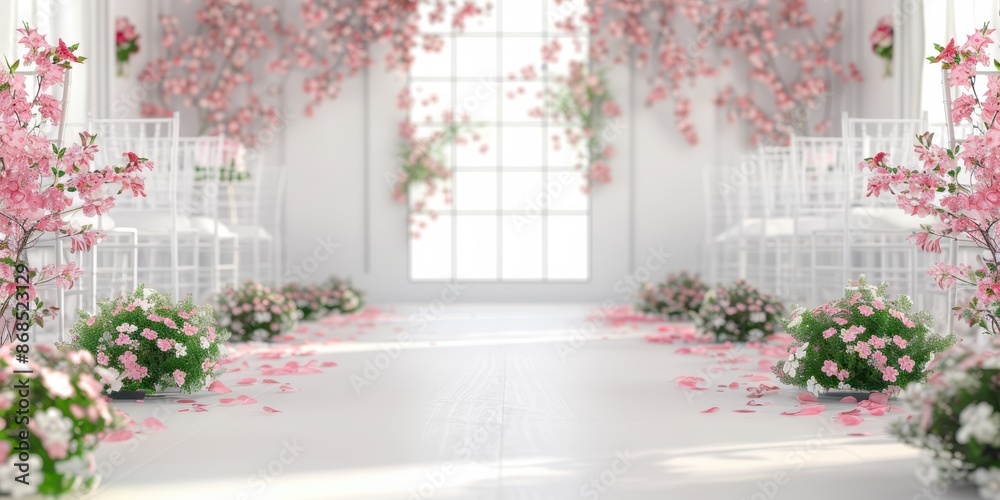 Fototapeta premium Beautiful wedding venue decorated with pink flowers and greenery, white chairs arranged neatly. Romantic ceremony concept.