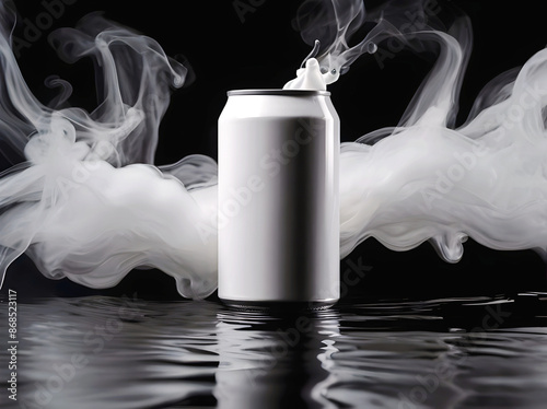 Obraz na płótnie water splashing on top of blank white soda can reflected in water, smoke, product background, mock up, aesthetic, drinks and beverage, refreshing w salonie