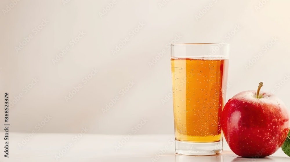 Glass of sparkling apple cider with a fresh apple on a light background. Ideal for fresh, natural beverage themes. Glass of sparkling apple cider with a fresh apple on a light background. Ideal for fresh, natural beverage themes.
