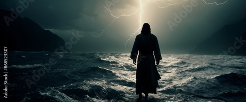 Jesus walking water walks tempestuous sea back photo