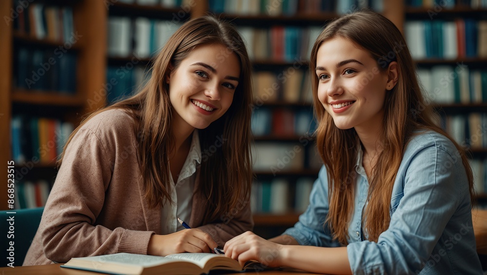 Women, tutor and student in library with books or helping for education learning, university or scholarship. Female people, smile and group project for college course on campus, friends or research Women, tutor and student in library with books or helping for education learning, university or scholarship. Female people, smile and group project for college course on campus, friends or research