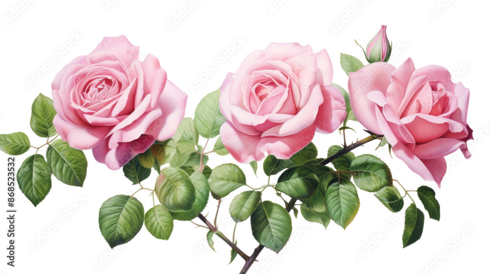 A close-up of three pink roses in full bloom, with soft petals and green leaves, against a white background A close-up of three pink roses in full bloom, with soft petals and green leaves, against a white background