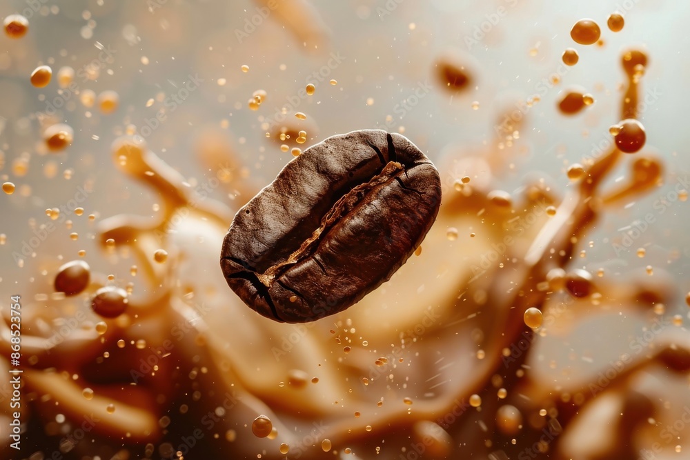 A Single Coffee Bean Suspended in a Splash of Coffee.