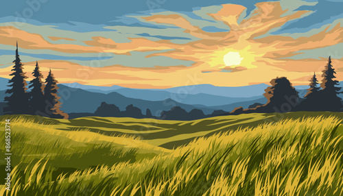 Dramatic sunset over grass field with mountains and forest