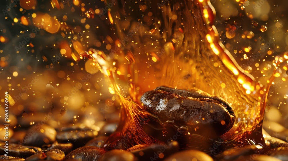 Coffee Bean Splashing in Hot Coffee With Golden Lights and Water Drops.