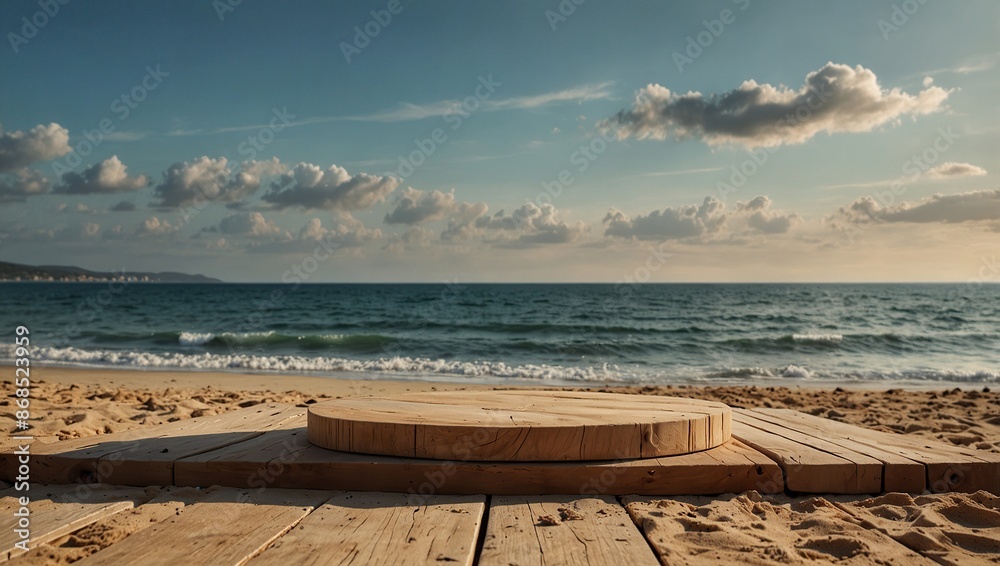 Wooden pedestal of empty space for your decoration and hot summer day. Landscape of sea and beach Wooden pedestal of empty space for your decoration and hot summer day. Landscape of sea and beach