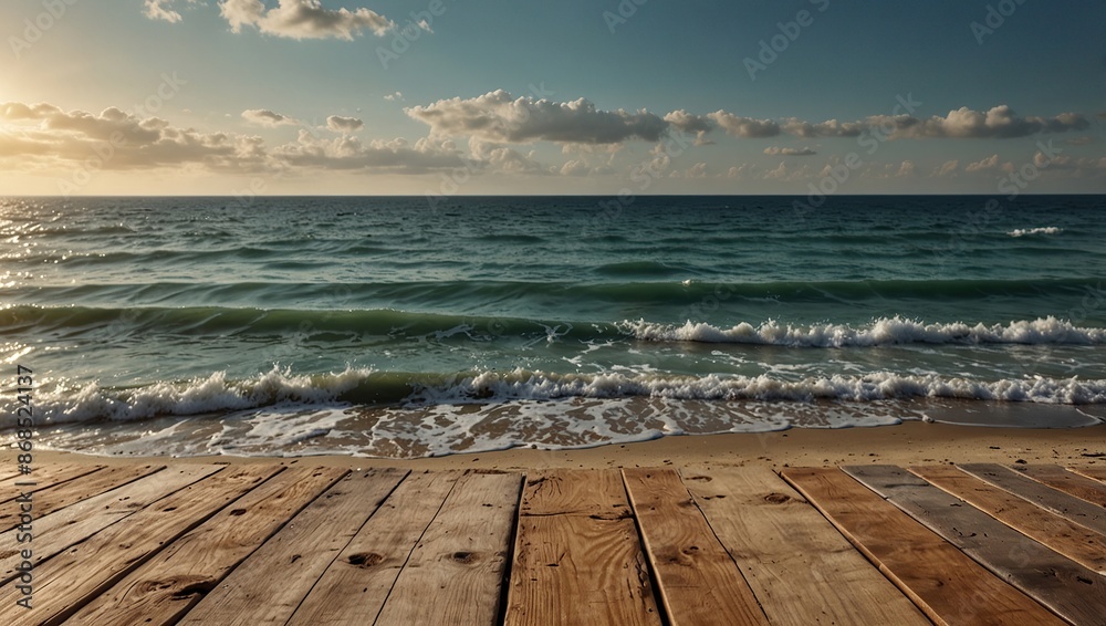 Wooden pedestal of empty space for your decoration and hot summer day. Landscape of sea and beach Wooden pedestal of empty space for your decoration and hot summer day. Landscape of sea and beach