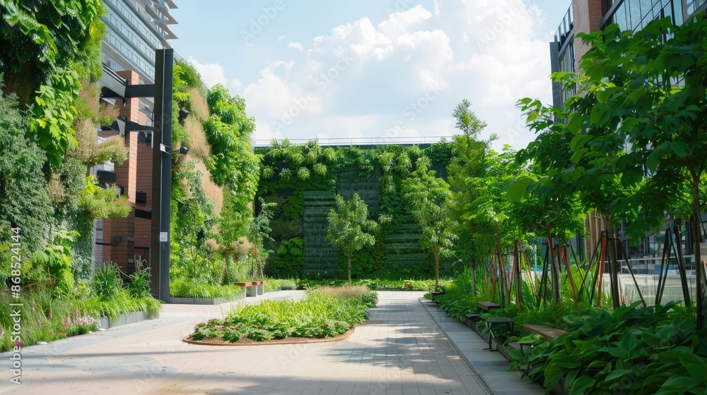 Fototapeta premium An urban plaza featuring green walls, rain gardens, and public spaces for community gatherings and events.
