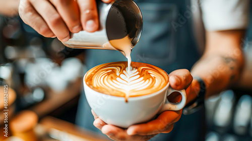 A barista expertly pours steamed milk into a cup of espresso, creating intricate latte art in a trendy cafe setting