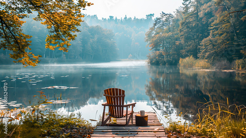 A serene outdoor scene with a person holding a mug of coffee, sitting on a deck chair overlooking a tranquil lake surrounded by nature #868524170