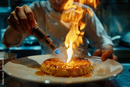 Chef Torching Creme Brulee Dessert in Restaurant Kitchen