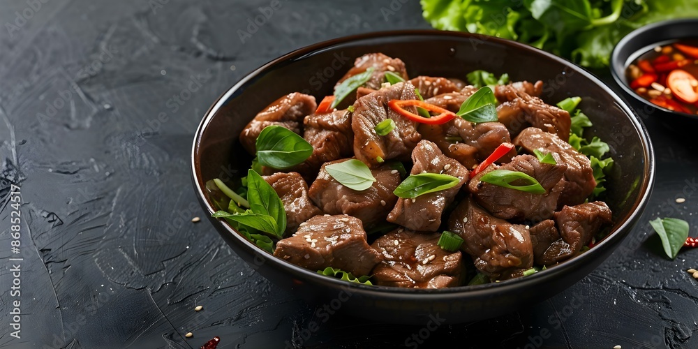 Enjoy Vietnamese cuisine with Bo Luc Lac shaking beef a crowd favorite. Concept Vietnamese Cuisine, Bo Luc Lac, Shaking Beef, Crowd Favorite, Authentic Flavor Enjoy Vietnamese cuisine with Bo Luc Lac shaking beef a crowd favorite. Concept Vietnamese Cuisine, Bo Luc Lac, Shaking Beef, Crowd Favorite, Authentic Flavor