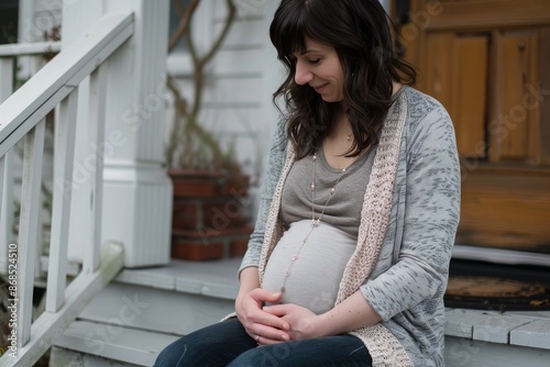 Pregnant Woman Sitting on Porch Steps