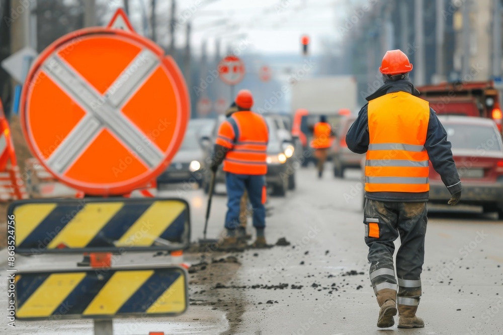 Obraz premium Construction Worker Walking on City Street During Road Work