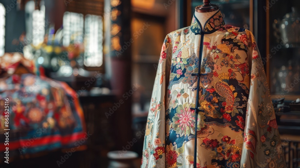 Elaborate ceremonial robe hanging in a serene temple room Elaborate ceremonial robe hanging in a serene temple room