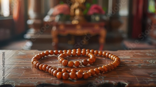 Monastic beads draped over a simple altar, soft lighting emphasizing their texture and significance photo