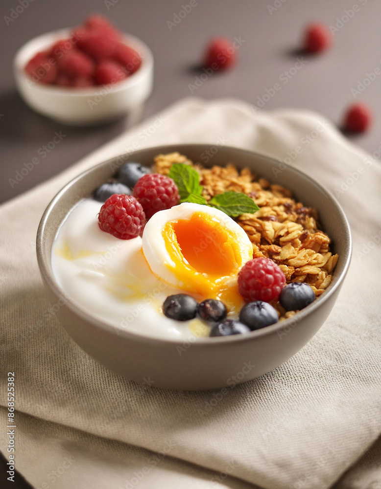 Smoothie bowl topped with granola, berries, and a soft-boiled egg on linen cloth, healthy food, nutrition, lifestyle Smoothie bowl topped with granola, berries, and a soft-boiled egg on linen cloth, healthy food, nutrition, lifestyle