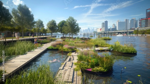 An urban waterfront redesigned with floating gardens and pedestrian-friendly boardwalks.