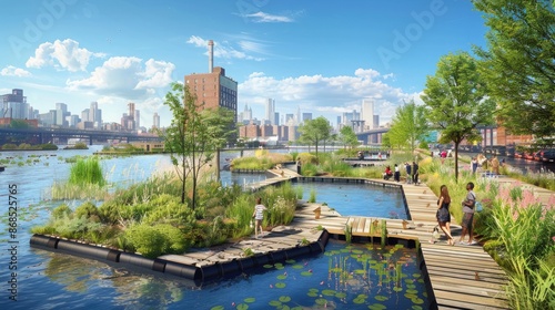 An urban waterfront redesigned with floating gardens and pedestrian-friendly boardwalks. photo