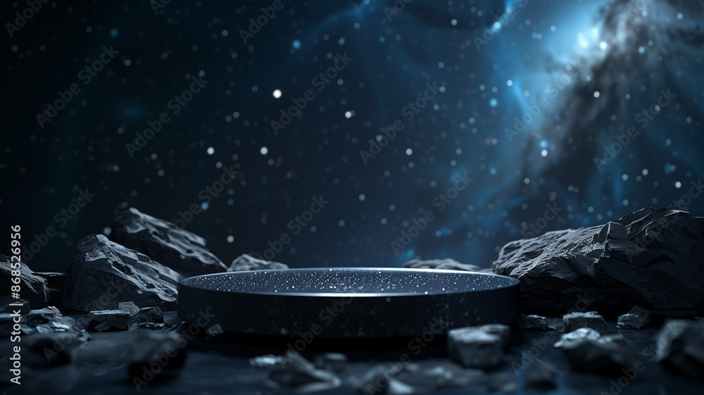 Product display with starry night and natural pedestal background, showcase mockup template, or cosmetic presentation platform.Generative AI	