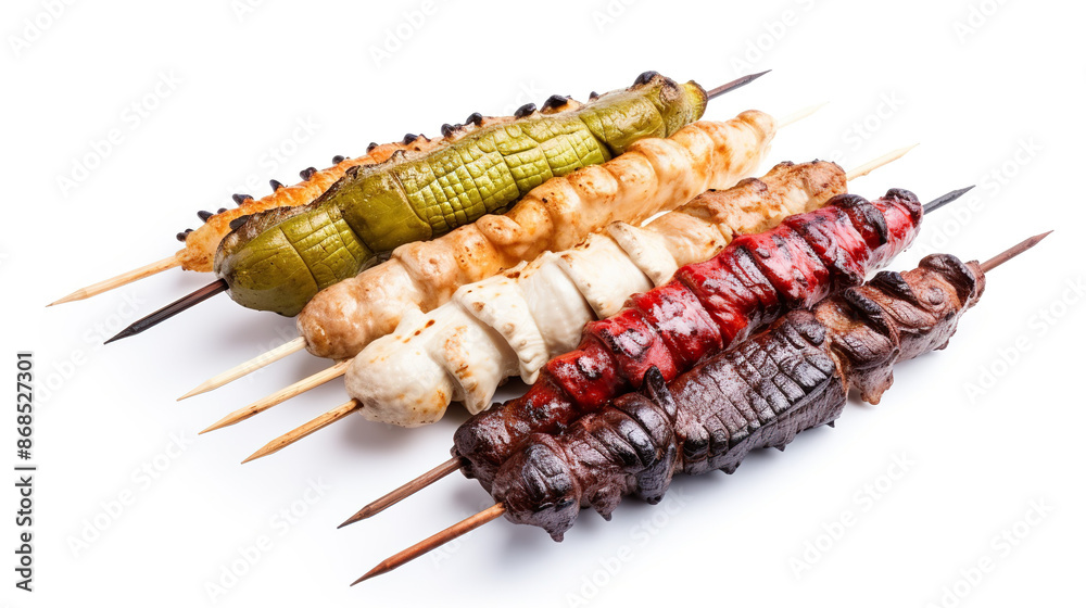 Aussie Food Crocodile Skewers set out against a white background Aussie Food Crocodile Skewers set out against a white background