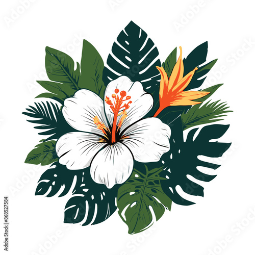 Tropical Hibiscus Flower Badge Vector Floral Illustration