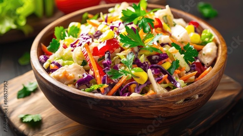 Fresh and colorful vegetable salad with carrots, cabbage, corn, and cilantro served in a wooden bowl. Healthy and delicious dish. © Thamonchanok