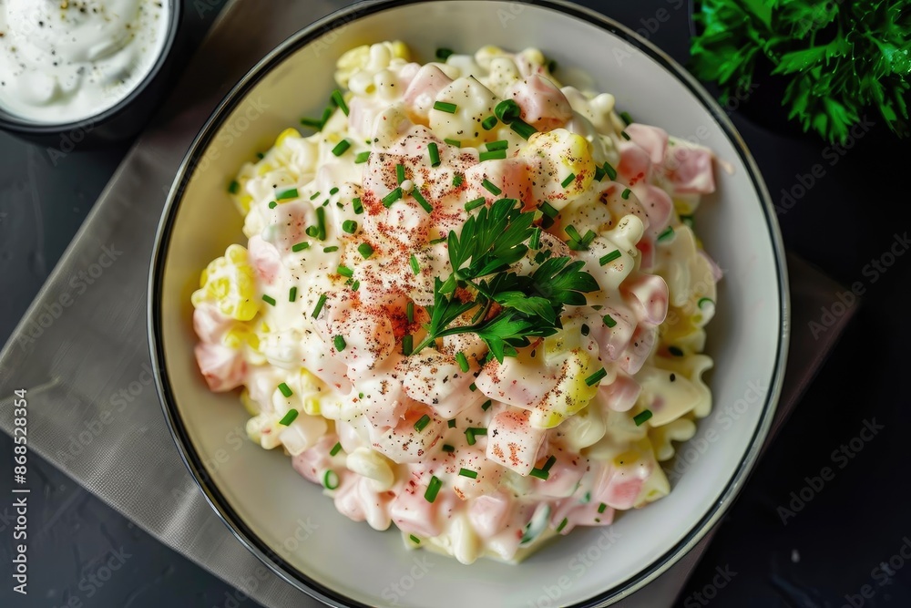 Delicious creamy potato salad with diced ham and garnish, served in a white bowl on a dark table for a perfect comfort meal. Delicious creamy potato salad with diced ham and garnish, served in a white bowl on a dark table for a perfect comfort meal.