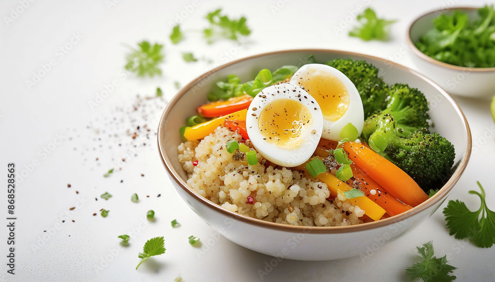 Quinoa bowl mixed vegetables, soft-boiled egg, herbs on a clean white surface, healthy food, nutrition, lifestyle Quinoa bowl mixed vegetables, soft-boiled egg, herbs on a clean white surface, healthy food, nutrition, lifestyle