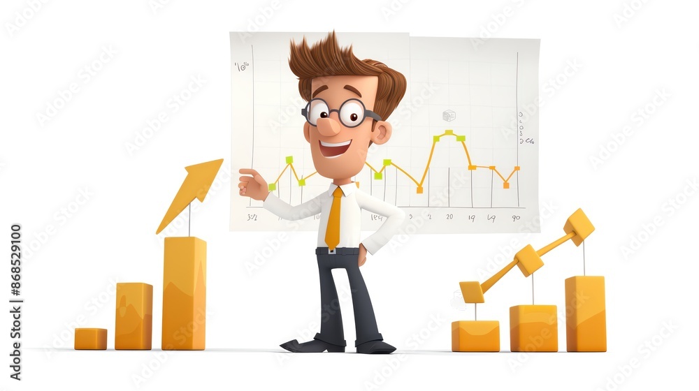 Animated character presenting financial growth charts with cheerful expression, showcasing positive business trends and upward graphs. Animated character presenting financial growth charts with cheerful expression, showcasing positive business trends and upward graphs.