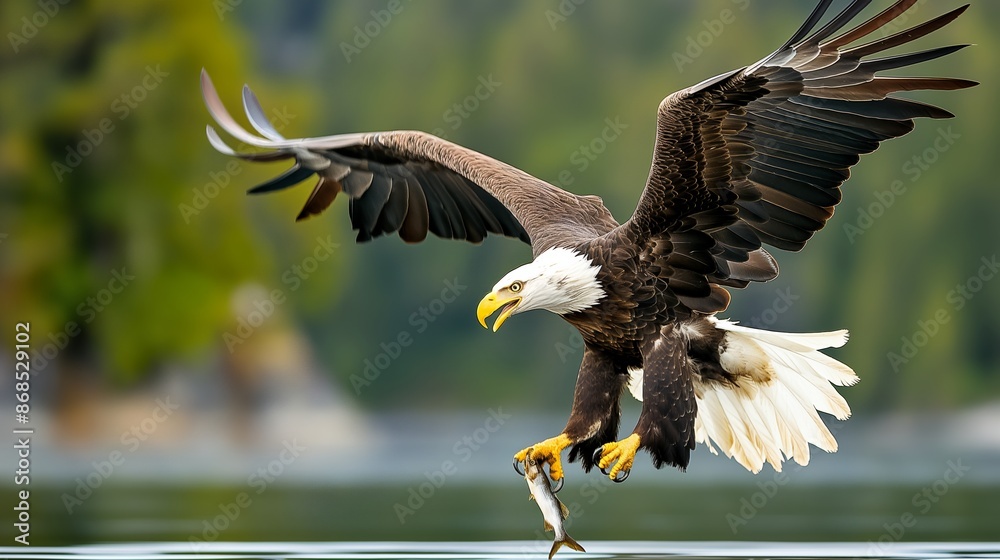 Naklejka premium A large eagle is flying over a body of water, with a fish in its talons. The scene is serene and peaceful, with the eagle's wingspan stretching out over the water