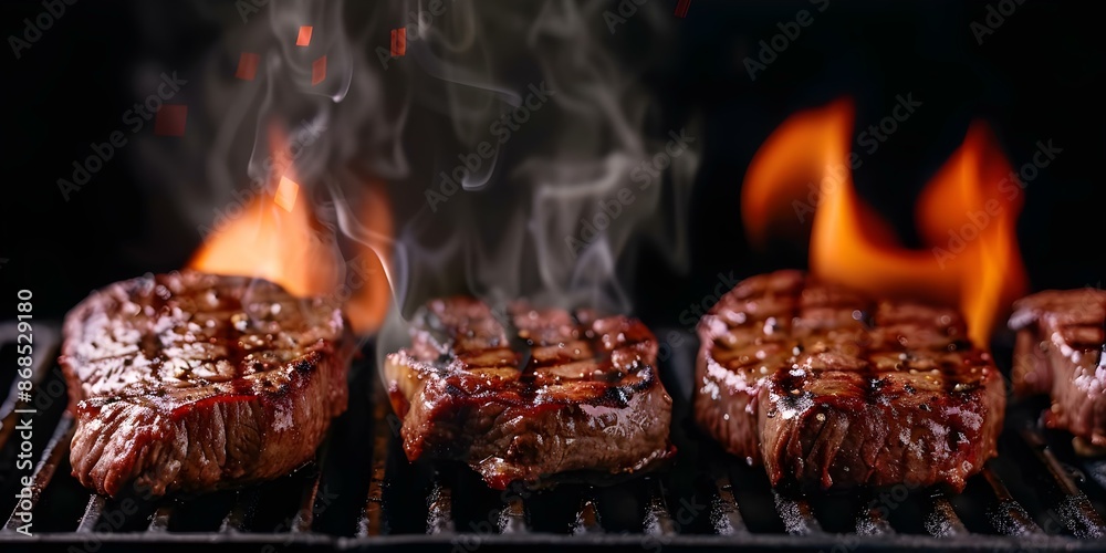 Beef steaks sizzling on a flaming grill in a dark setting. Concept Grilled Steaks, Flaming Grill, Dark Setting Beef steaks sizzling on a flaming grill in a dark setting. Concept Grilled Steaks, Flaming Grill, Dark Setting
