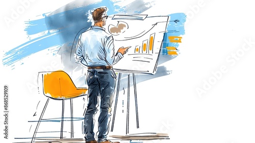 Illustration of a business professional giving a presentation using visual charts and information on a flip chart stand.