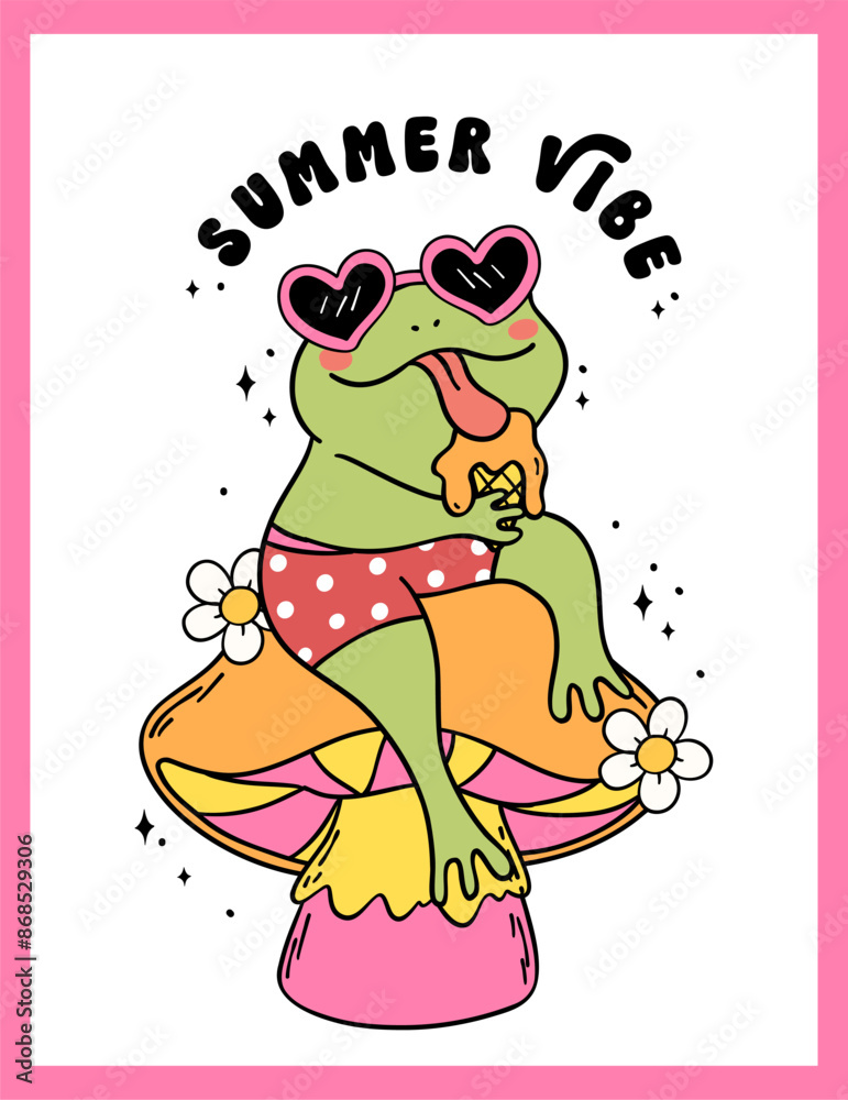 Fototapeta premium Groovy Retro Summer Frog with ice cream and mushroom cartoon character Summer vibe drawing doodle