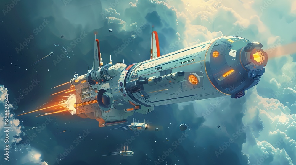 Futuristic Spaceship Drifting in Deep Space with Stars and Galaxies in the Background Futuristic Spaceship Drifting in Deep Space with Stars and Galaxies in the Background