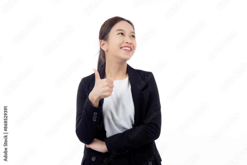 Portrait beautiful businesswoman in suit standing thumbs up isolated on white background, young asian business woman is manager or executive smile with confident is positive and success.