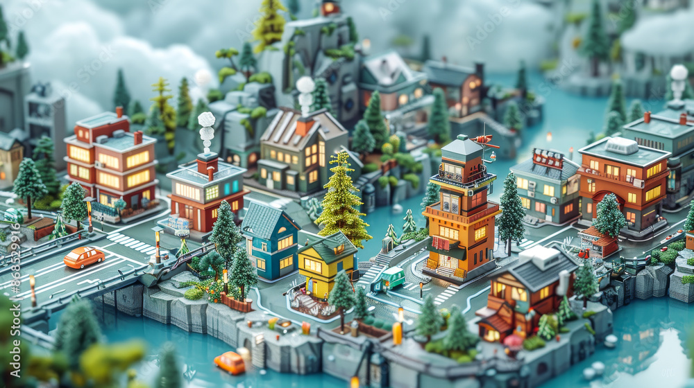 Fototapeta premium Pixel Art Scandinavian Town Isometric View