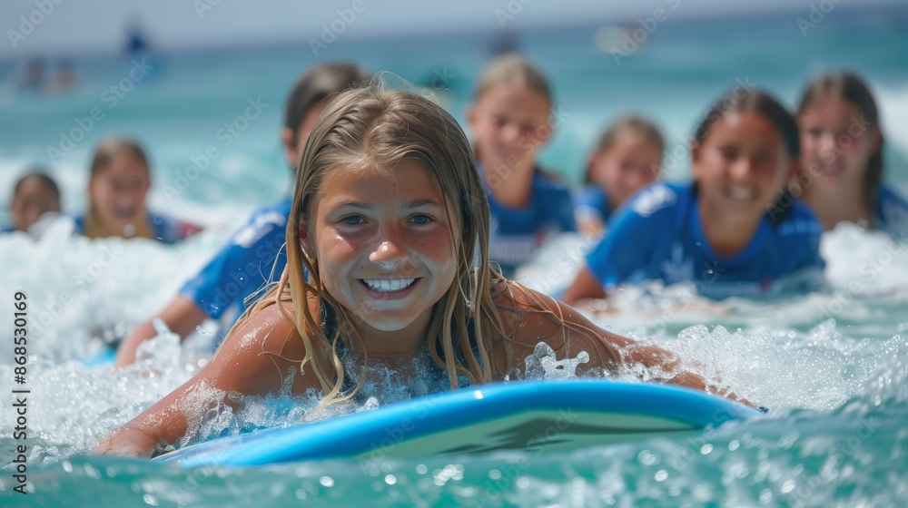 Girl Practicing Surfing - A young surfer trains in the ocean waves Girl Practicing Surfing - A young surfer trains in the ocean waves